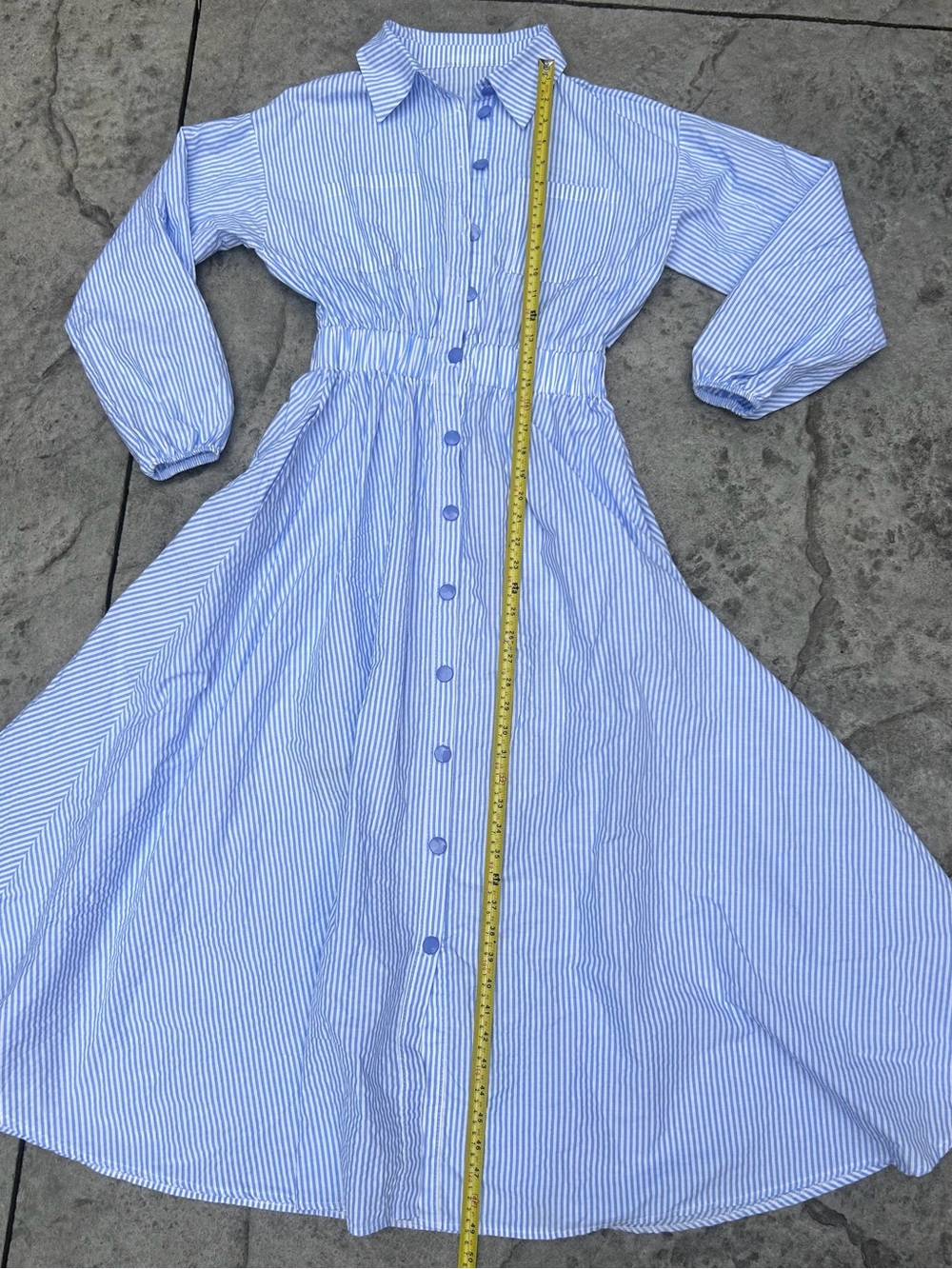 Blue White Striped Button Front Maxi Shirt Dress Elastic Waist - Picture 5 of 9